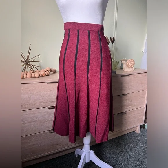 Maroon Black Pleated High-Waist Sweater Stretch Modest Midi Knee-Length Skirt S - Picture 10 of 16